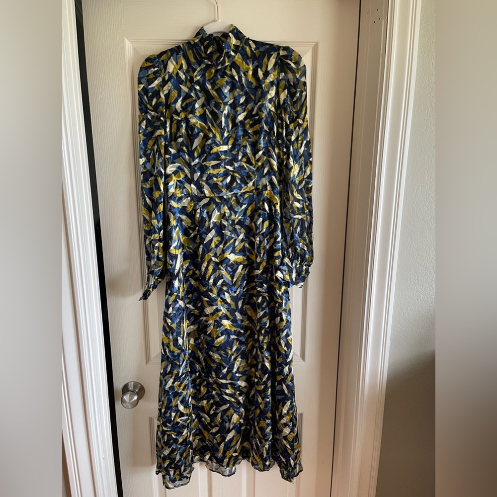 NWOT Jane Atelier flocked velvet & silk blue and yellow midi dress, Sz UK8/US 4